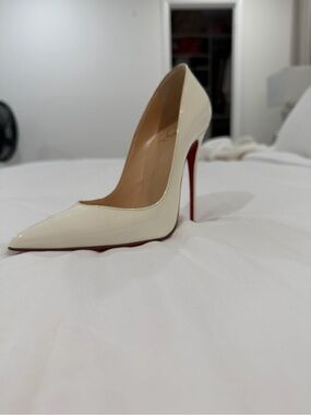 Christian Louboutin Cream Patent Pointed-Toe Stiletto with Red Sole